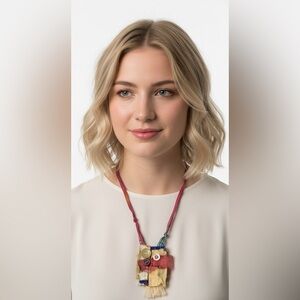 Boho Patchwork Fabric Button Amulet Necklace Art Handmade